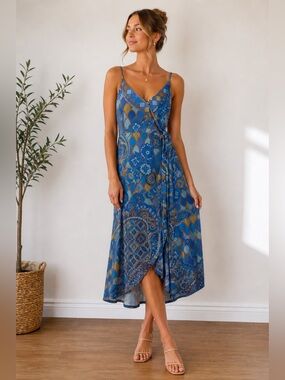 Nine Lives Bazaar Blue & Mustard Paisley Wrap Midi Dress